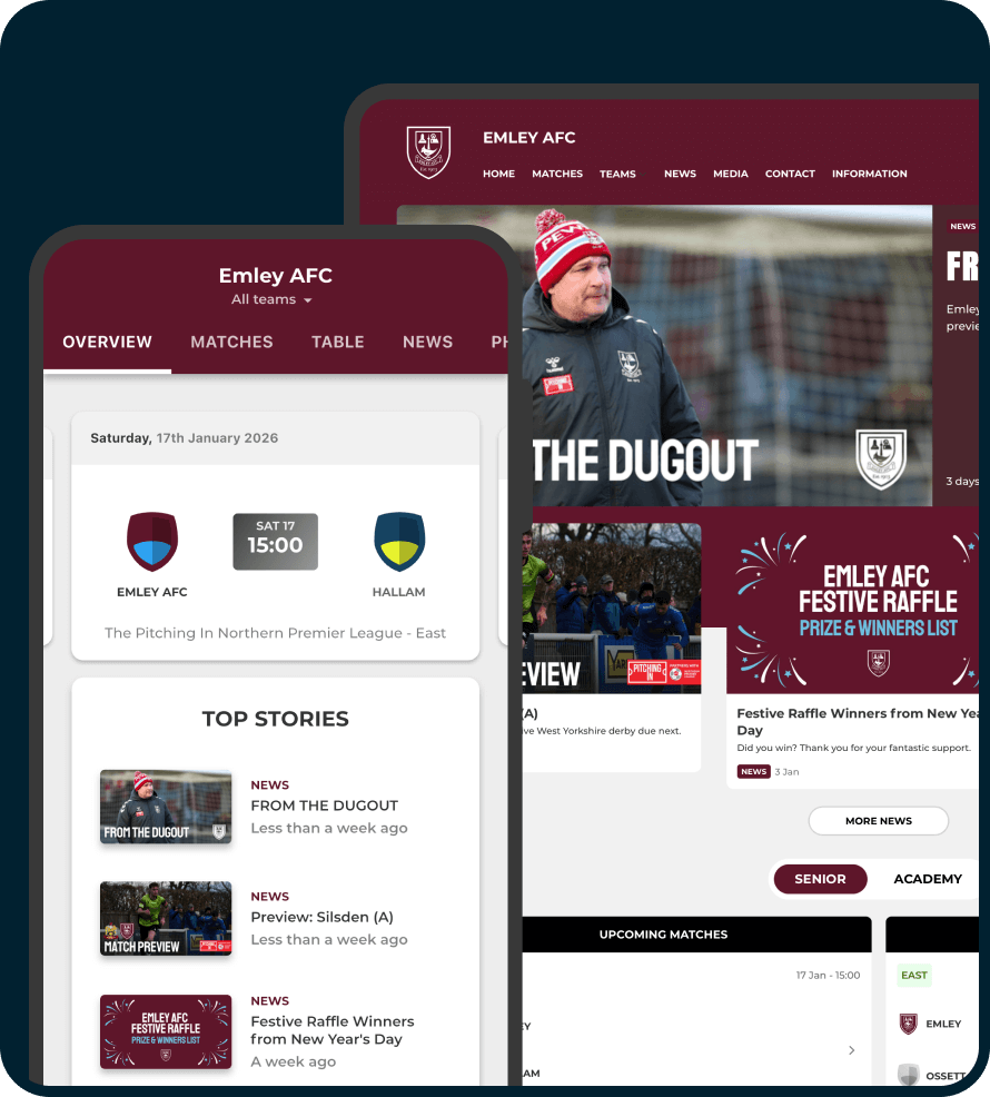 Pitchero Website & App displayed on multiple devices