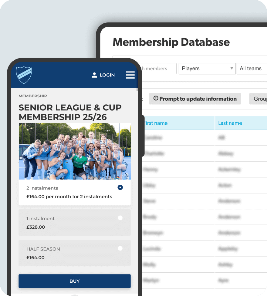 Pitchero membership tools displayed across multiple devices including desktop, tablet and mobile