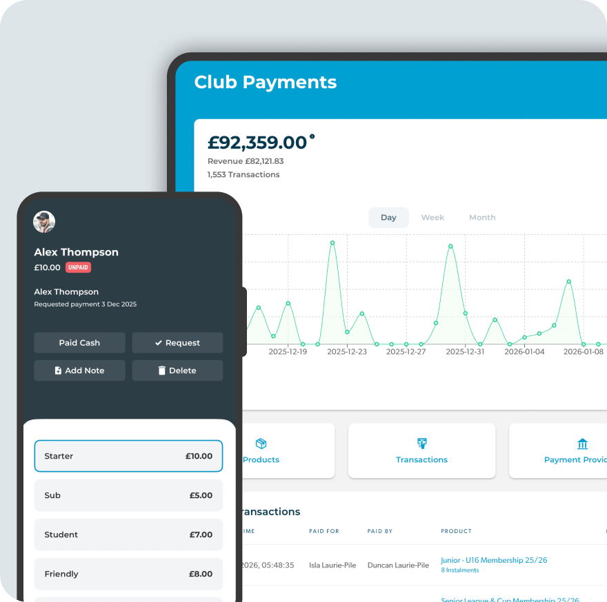 Pitchero payment tools displayed across multiple devices including desktop, tablet and mobile