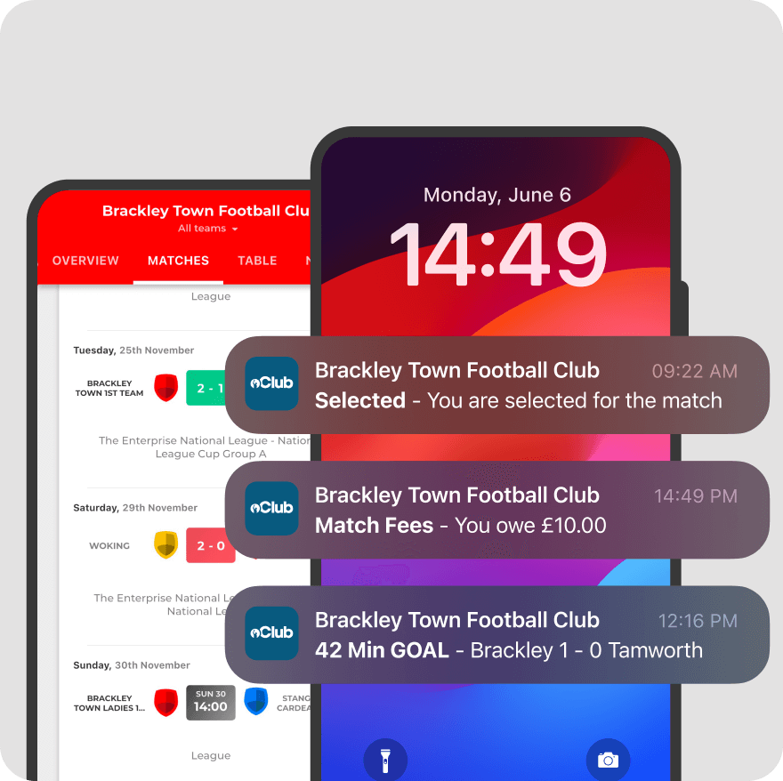 Pitchero team management tools displayed across multiple devices including desktop, tablet and mobile
