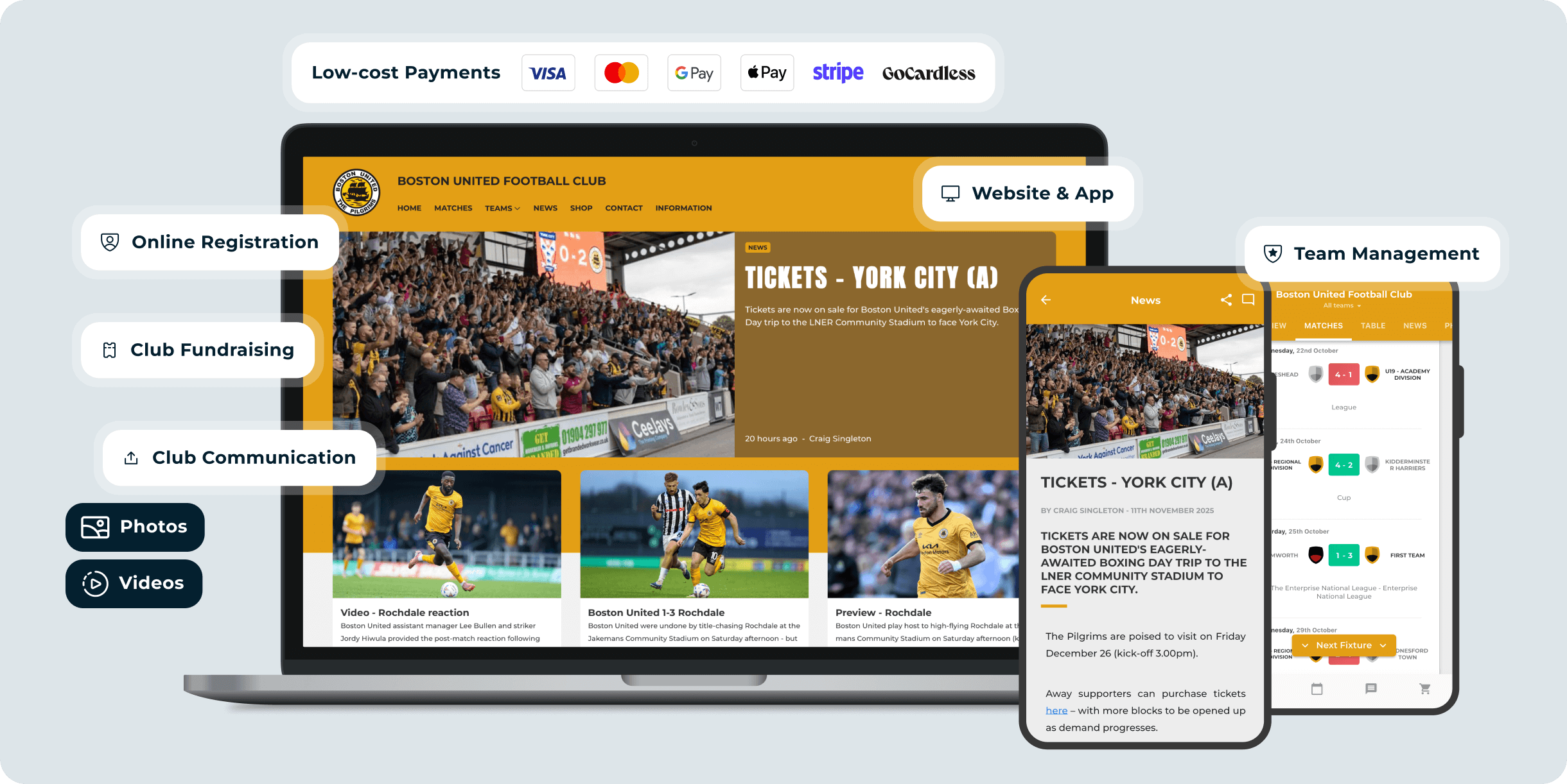 Screens showing Pitchero club software interface with laptop and mobile displays