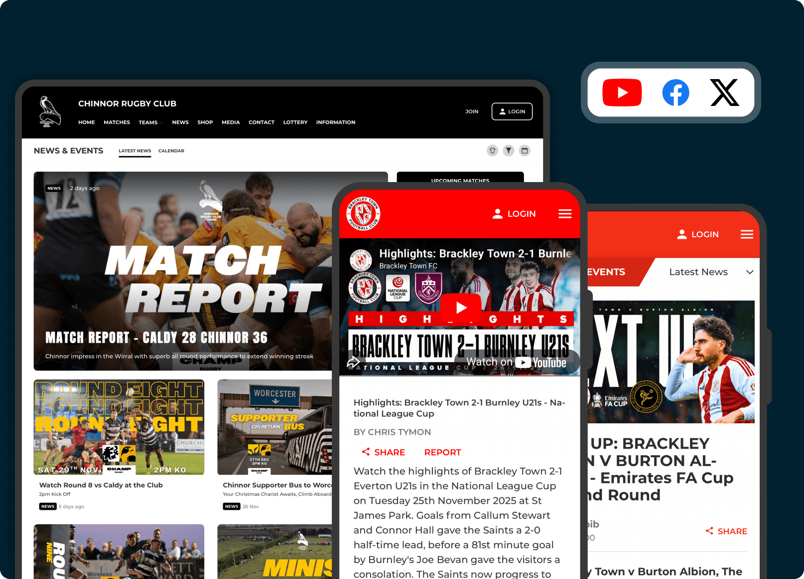 Content management interface showing fixtures, results, competitions and news across multiple devices